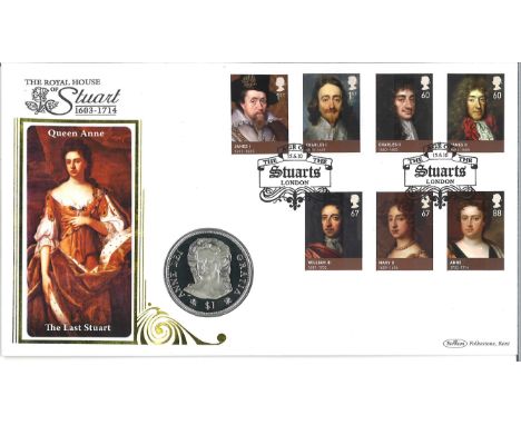 The Royal House of Stuart coin cover. Benham official FDC PNC, with 2008 British Virgin Islands $1 coin inset bearing a portr