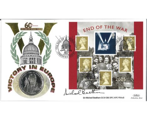Sir Michael Beetham signed Victory in Europe coin FDC PNC. Contains a 2005 Isle of Man, legal tender, cupro-nickel crown coin