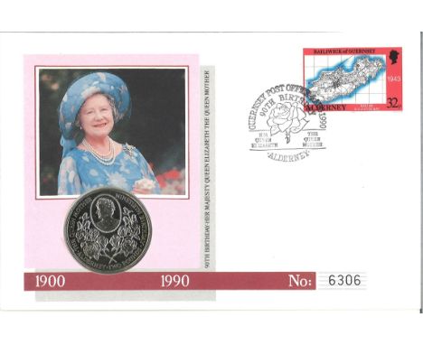 HM Queen Elizabeth The Queen Mother 90th Birthday official coin FDC PNC. Contains a 1990 £2 crown coin, struck by the Royal M