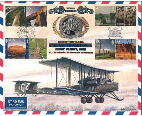 England to Australia First Flight 1919 coin FDC PNC. Specialist coin cover containing an isle of Man 1988 legal tender, cupro