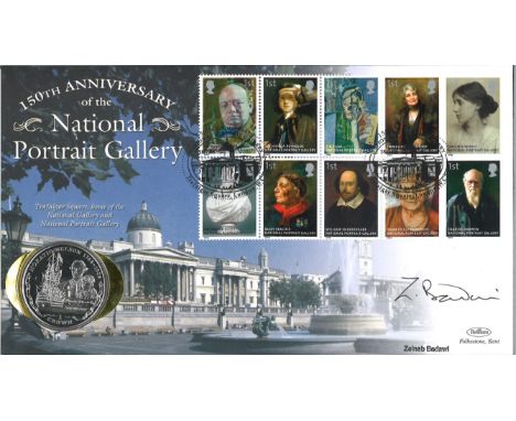 Zainab Bedawi signed National Portrait Gallery 150th anniversary coin cover. Benham official FDC PNC, containing a Falkland I