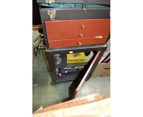 Tools - a small tool chest and cabinet on wheels; Stanley H1204 plane; portable circular saw attachment; engineers vice; blow