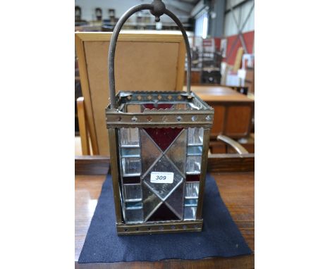An early 20th century gas stained glass hall light