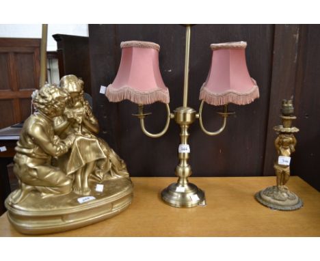 Lighting - a late 19th/early 20th century gilt-metal figural lamp, putto pilaster, laureate circular base; a gilt composition