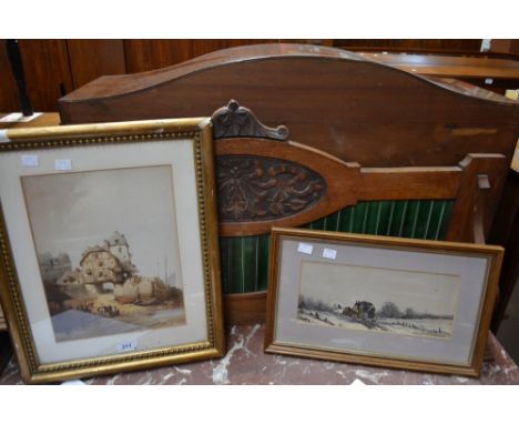 English SchoolStage Coach on a Snowy Dayunsigned, watercolour, framed; a coloured print, harbour scene (2)