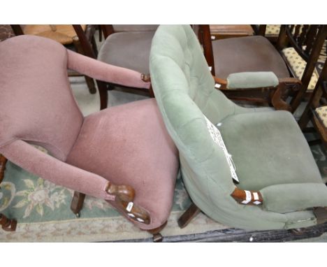 A Victorian mahogany salon chair, button upholstered back, padded open arms with scrolling terminals, stuffed overseat, turne