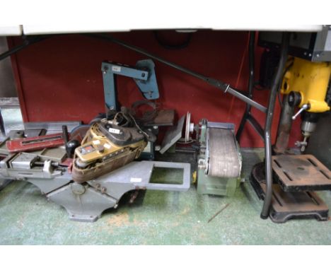 A Rexon BD46A belt and disk sander; a pillar drill; The Alpine Machine, Graham Engineering belt and disc sander; two belt dri