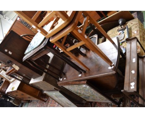 A painted pine storage cupboard; a pine trophy box; an oak barley twist dropleaf table; a reproduction mahogany nest of three