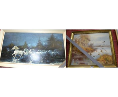Bailey (20th century english school)Lake with Mallardssigned, oil on canvas; another, large print of horses, framed (2)