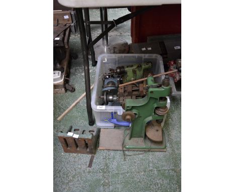 Assorted lathe tools and others including compound slide; end stock; mini bench vice; clockmaker's pillar drill etc.