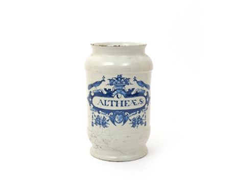 A large Delft albarello or drug jar  18th century, the slightly waisted cylindrical form painted in blue with a cartouche sur