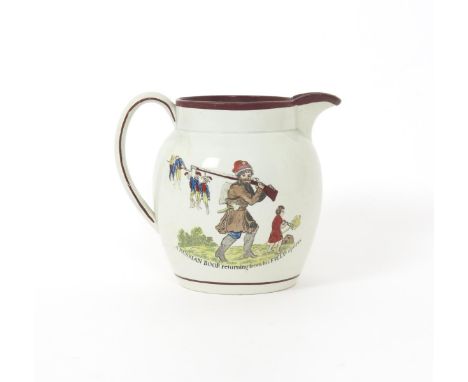 A rare pearlware Napoleonic jug  c.1813, printed and hand-coloured to one side with a Russian soldier holding a rifle over hi