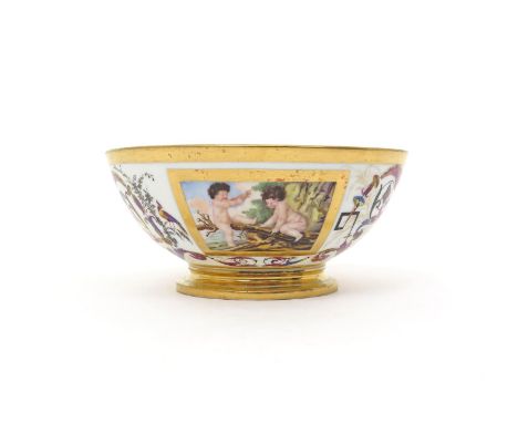 A Paris porcelain bowl  19th century, painted with a rectangular panel of two putti at play on branches, a smaller panel of a