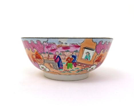 A good and large New Hall punchbowl  c.1790, decorated in the Mandarin palette with pattern 425 also known as the Boy at the 