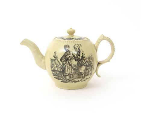 A small and rare creamware teapot and cover   c.1770-80, perhaps Derby, the globular form printed in black with a pair of chi