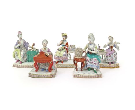 A matched Meissen set of the Five Senses  19th/20th century, after the models by Schönheit, each of a lady seated with variou