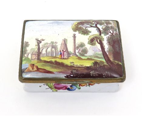 An English enamel snuff box  2nd half 18th century, of rectangular form, the top of the lid painted with two figures standing