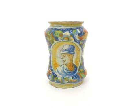 A Venetian maiolica albarello  2nd half 16th century, painted to each side with a profile portrait of a man wearing a blue ha