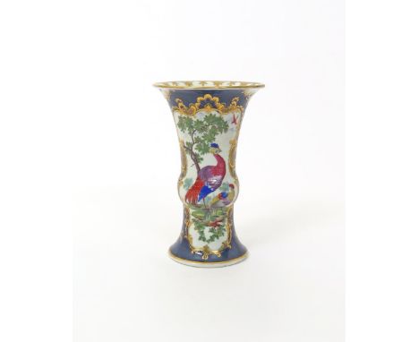 A fine Worcester gu-beaker vase  c.1770, the flared and lightly knopped form painted with two panels of brightly-coloured fan