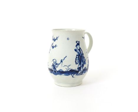 A large Worcester blue and white bell-shaped mug  c.1760-65, well painted with the Walk in the Garden pattern, a lady holding