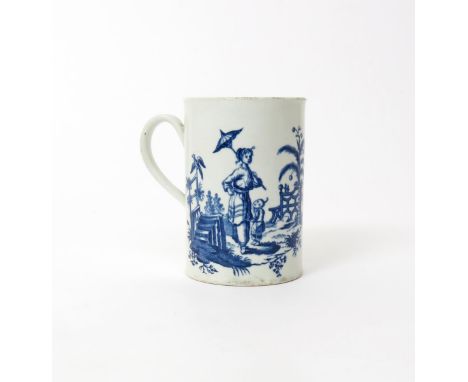 A Worcester blue and white mug  c.1770, the tall cylindrical body printed with La Pêche and La Promenade Chinoise, with chino