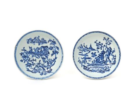 Two Lowestoft blue and white saucers  c.1775, one printed with the Dromedaries on a Raft pattern, the other with a figure tra