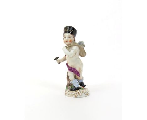A Meissen figure of Cupid in Disguise  mid 18th century, as a miner, wearing a black hat inscribed 'Glück nur' in gilt letter