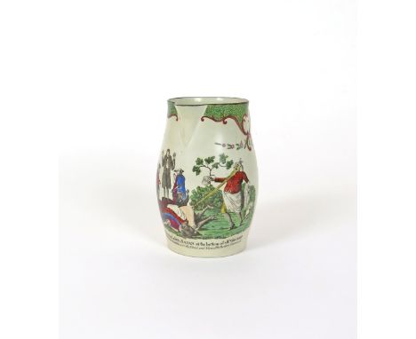 A previously unrecorded creamware satirical jug  late 18th century, printed and hand-coloured with a bawdy scene of figures i