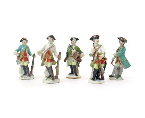 Five Meissen miniature models of huntsmen  19th/20th century, variously modelled with guns and gamebirds, one with a whip, we