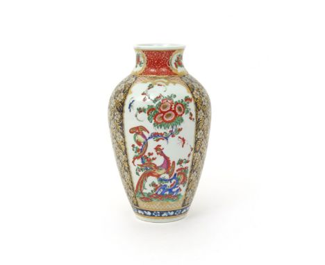 A good Worcester ovoid vase  c.1770, richly decorated with a wide panel of two phoenix or other fancy birds perched on flower