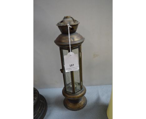 Vintage Brass Candle Lantern with Engraved Glass Panels