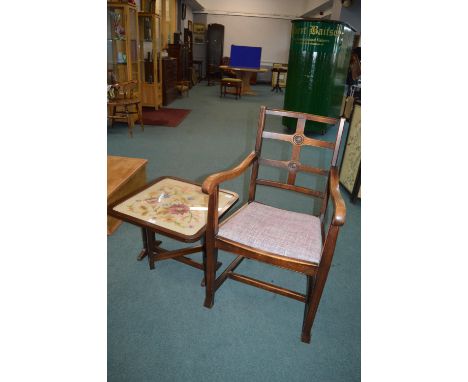 Oak Arts & Crafts Chair, and a Folding Fire Screen Table with Floral Embroidery