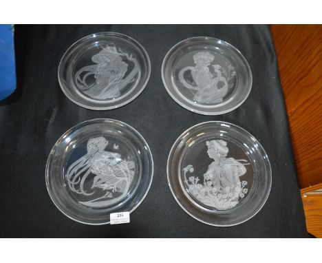 Set of Four Michael Yates Engraved Lead Crystal Glass Plates