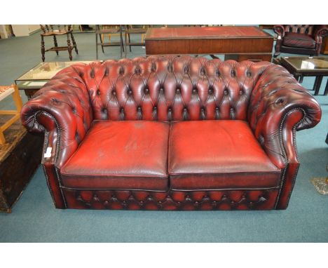Red Leather Chesterfield Two Seat Sofa