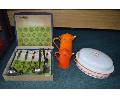 Enamel Cookware, Coffee Pots, and Prestige Skyline Utensil Set