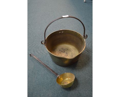 Large Victorian Brass Jam Pan with Ladle