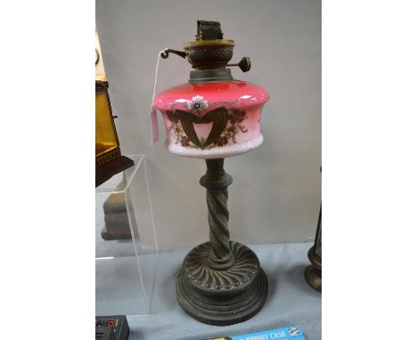 Victorian Oil Lamp with Decorated Pink Glass Reservoir