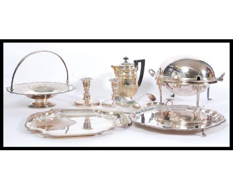 A good collection of silver plated wares to include serving trays, muffin warmer, coffee pot,&nbsp; ladle, James Dixon, HF an