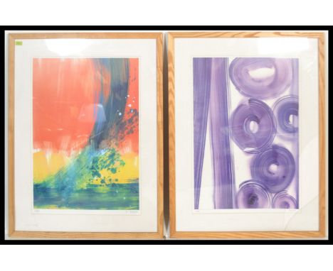 Two contemporary prints by artist Denise Duplock, the first entitled 'Elba' featuring an abstract painting of orange, yellow 