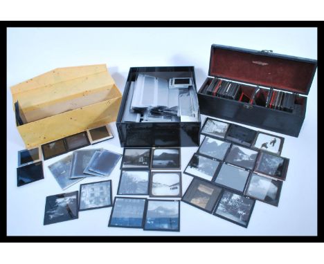 A selection of varied vintage slides to include magic lantern slides of India, early 20th Century glass slides featuring comm