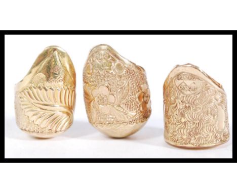 Three marked 18ct gold plated walking stick collars having engraved foliate and floral decoration. Makers marks for CS CLtd.&