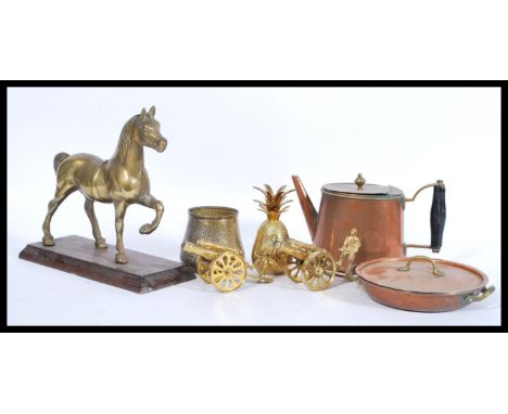 A collection of vintage brass wares to include a brass cast sculpture of a horse mounted on a mahogany plinth base, a pair of