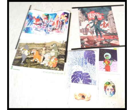 A selection of contemporary urban prints and posters to include a poster by Olivier Bonhomme (artist and illustrator), a sign
