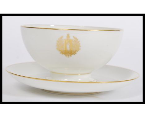 A vintage early 20th Century French Dore a Sevres ceramic large breakfast cabinet cup / bowl and matching plate / saucer. Pla