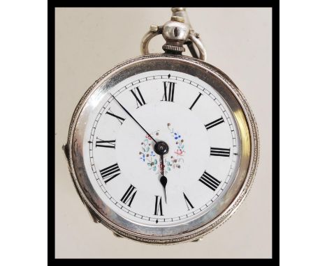 A 19th century Continental silver 935 ladies pocket fob watch having a white enamel face with Roman numeral chapter ring and 
