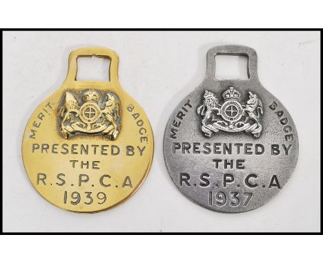 Two vintage 20th Century Horse Brass merit badges, the first cast in aluminium Presented By The R. S. P. C. A 1937 together w