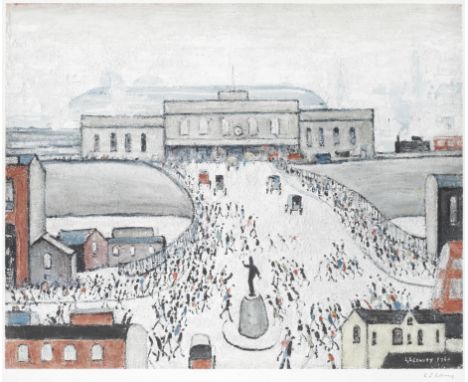 Laurence Stephen Lowry R.A. (British, 1887-1976)Station Approach  Offset lithograph printed in colours, on wove, signed in pe