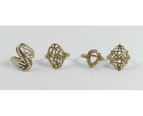 A 9 carat gold Celtic style ring; another similar; a two colour 9 carat gold ring; and a ring with vacant setting, stamped ‘9