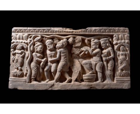Ca. AD 2-3rd Century. A Gandharan narrative relief panel, possibly depicting the scene of the Birth of Siddhartha. The scene 