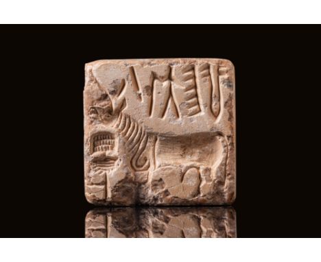 Ca. 2300 BC. A square plaque with a suspension loop of one piece on the back. The design on the face shows a standing "bison"